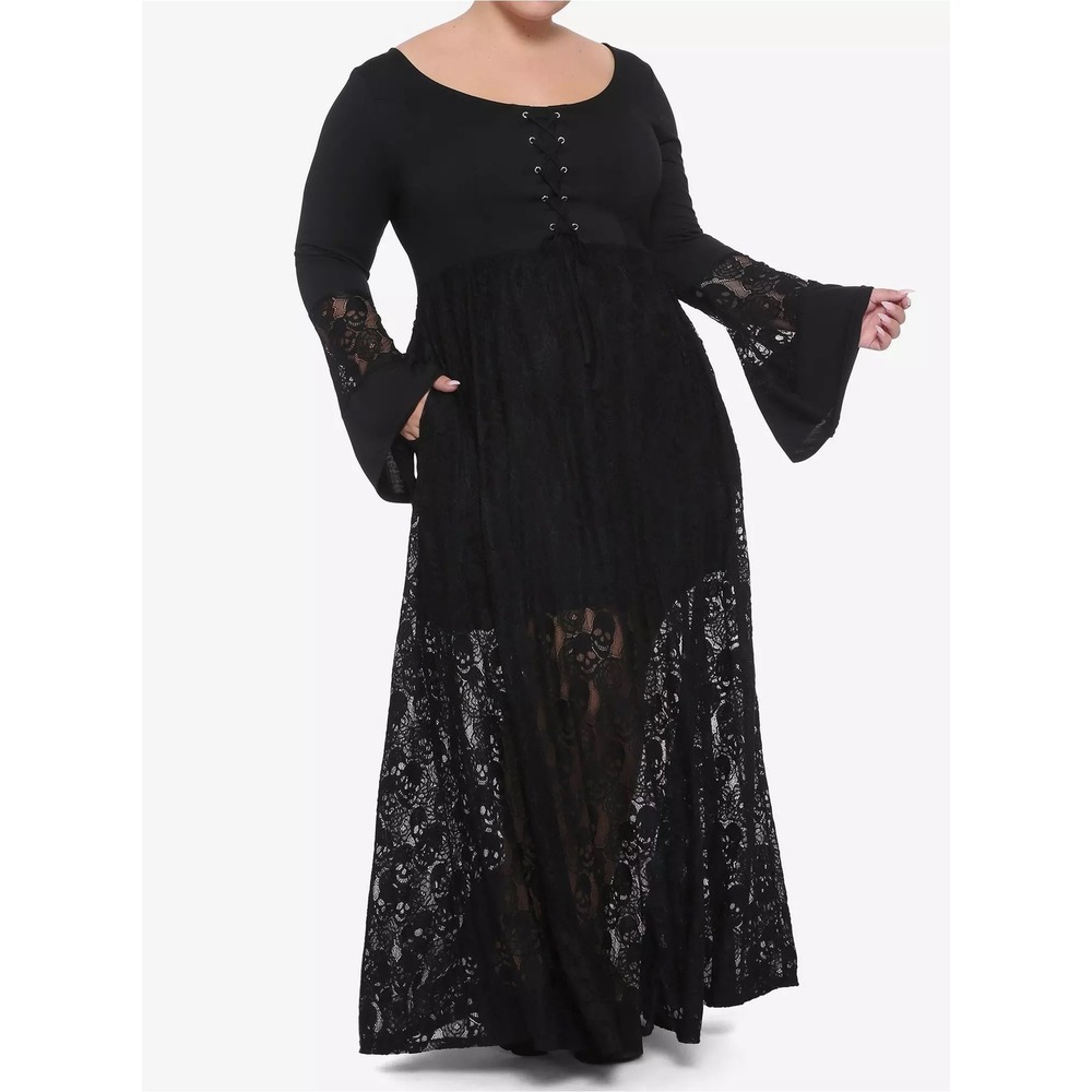 Hot Topic Black Skull Lace Bell Sleeve Maxi Dress Plus Size 2X Gothic whimsy